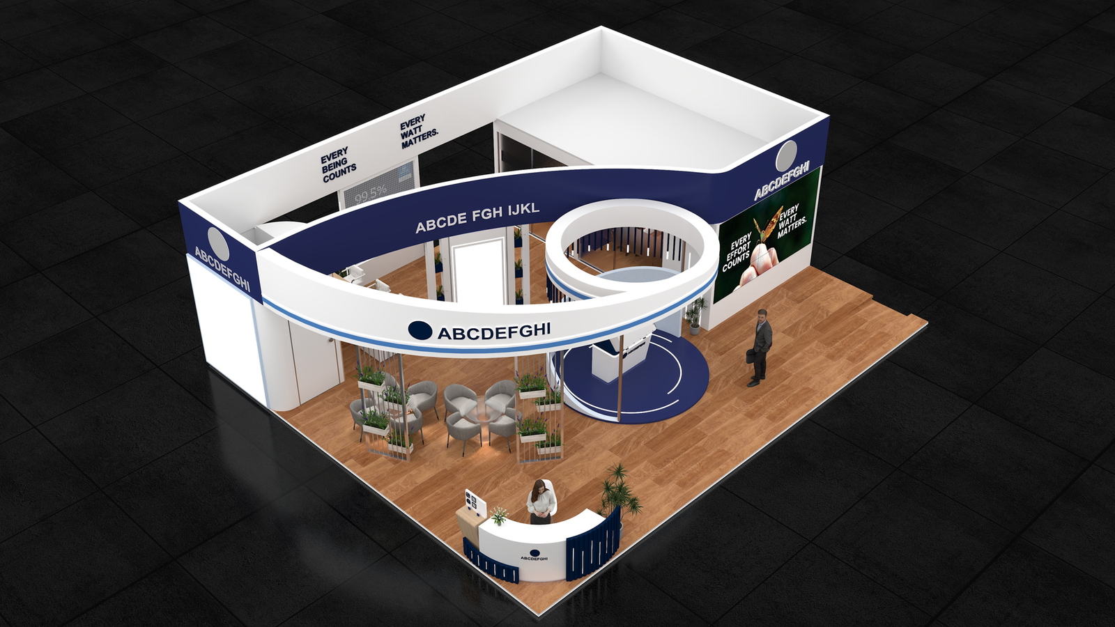 Curved canopy reception island exhibition stall 3D concept design