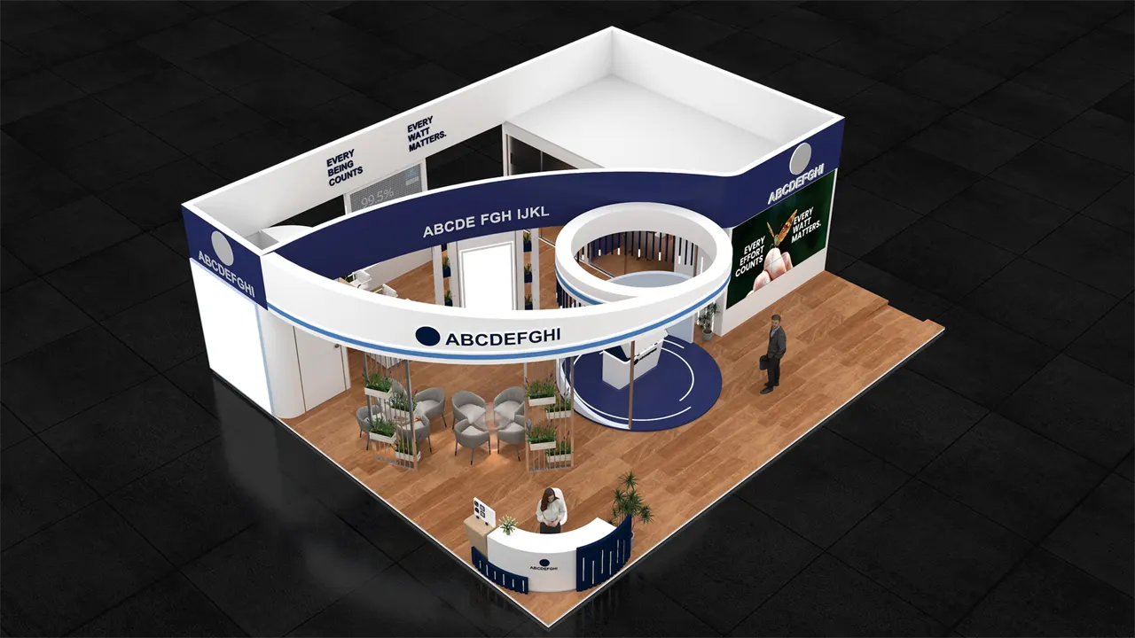 Curved canopy reception island exhibition stall 3D concept design