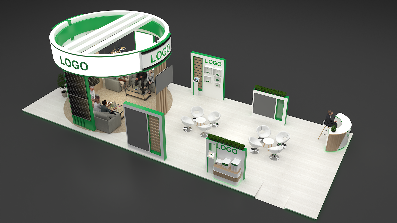 Green circular tower island exhibition stall 3D concept design