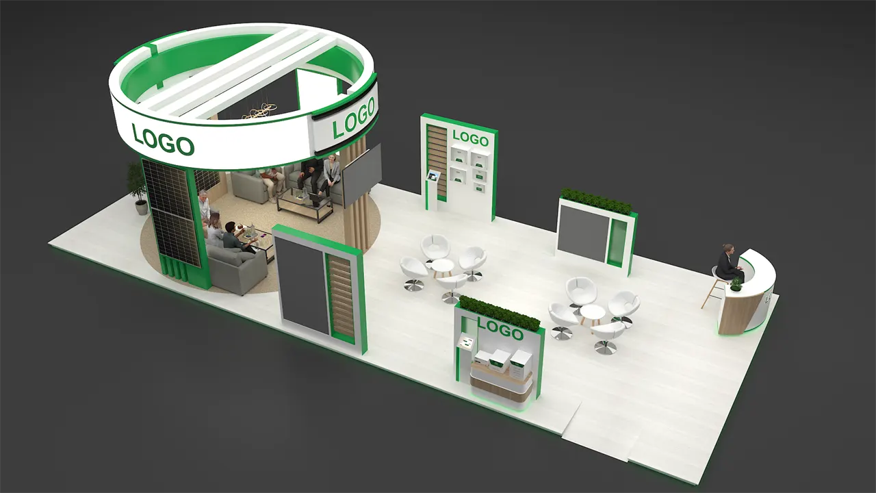 Green circular tower island exhibition stall 3D concept design