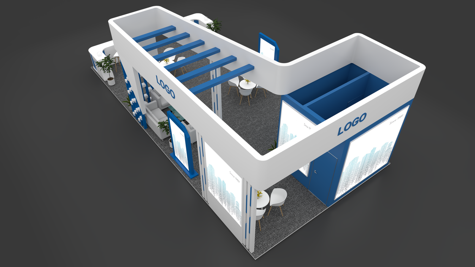 L-shape pergola island exhibition stall 3D concept design