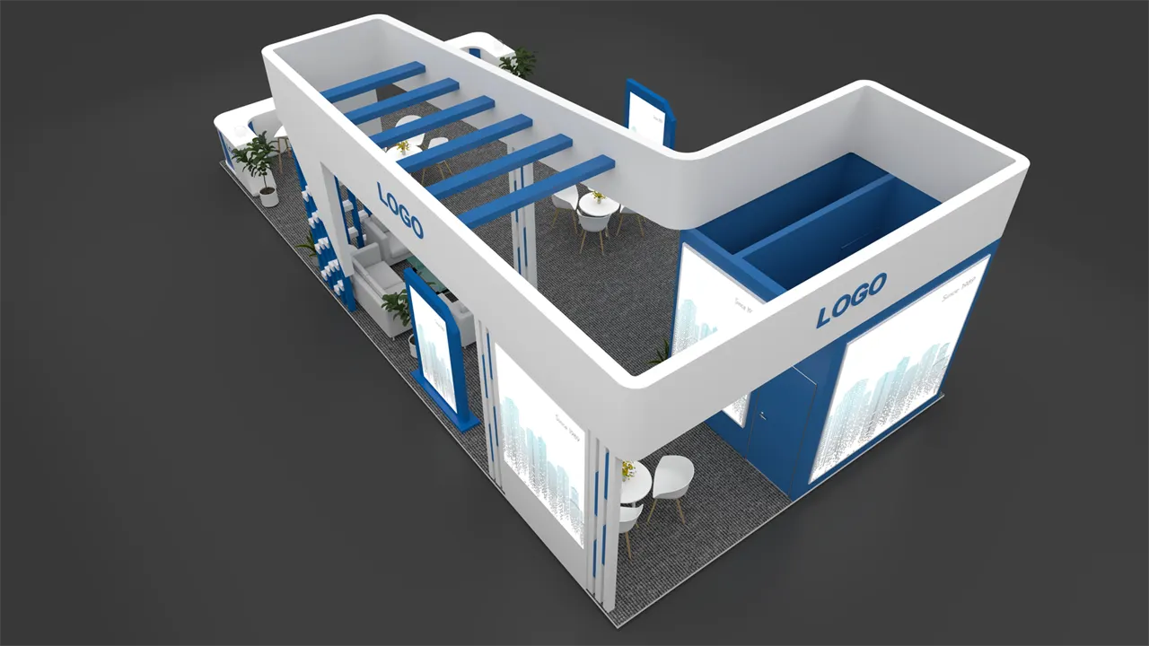 L-shape pergola island exhibition stall 3D concept design