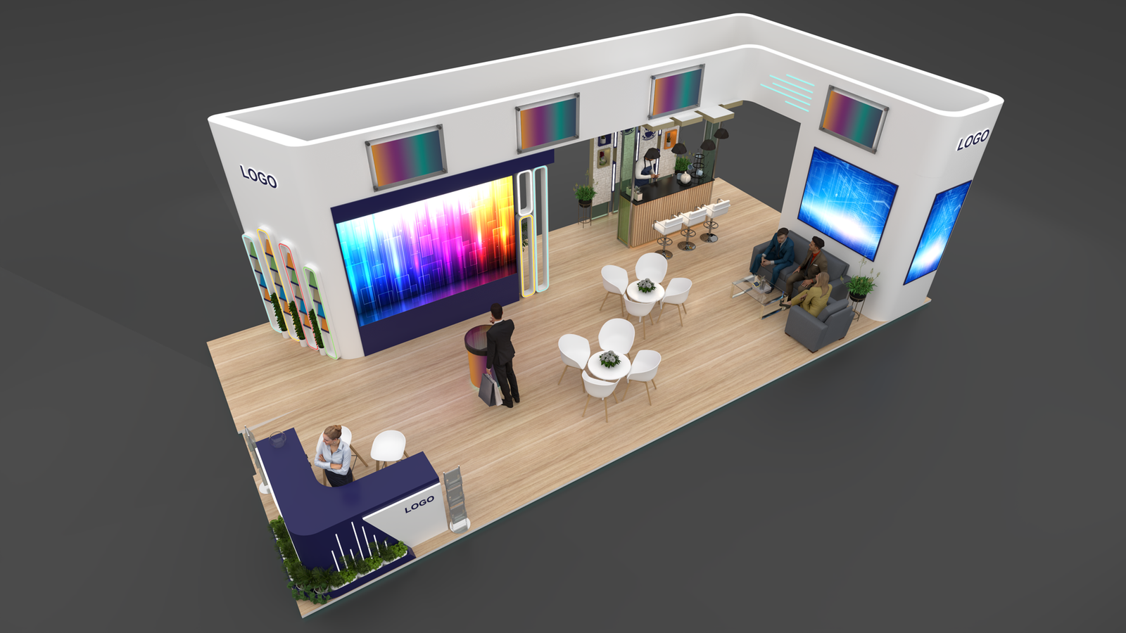 Tech lounge island exhibition stall 3D concept design with media screens