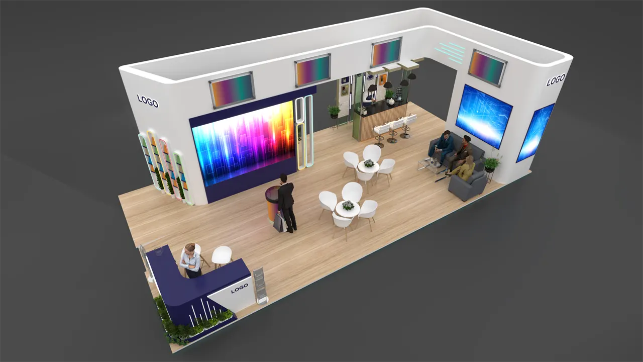 Tech lounge island exhibition stall 3D concept design with media screens