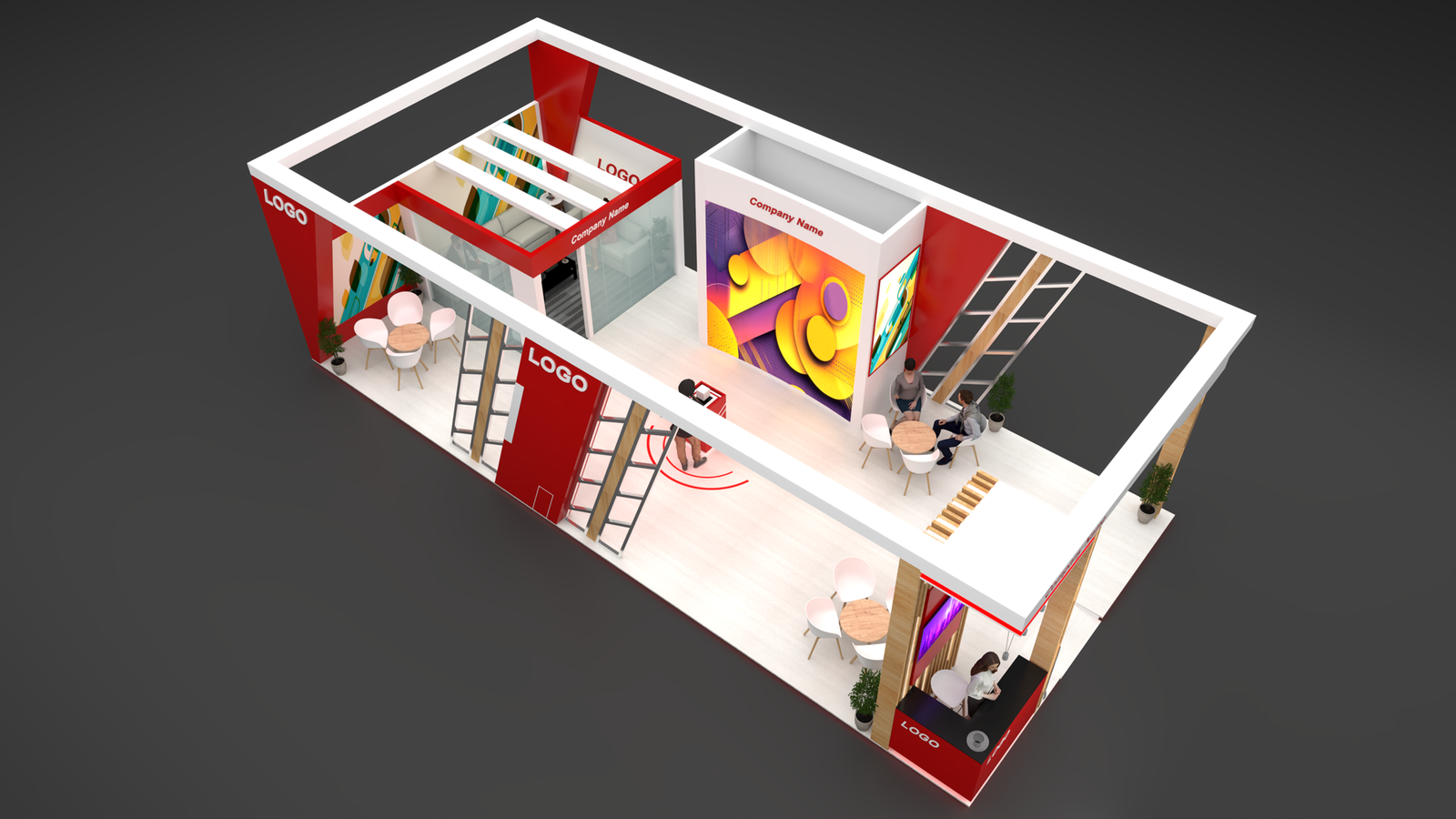 Two-storey red island exhibition stall 3D concept design