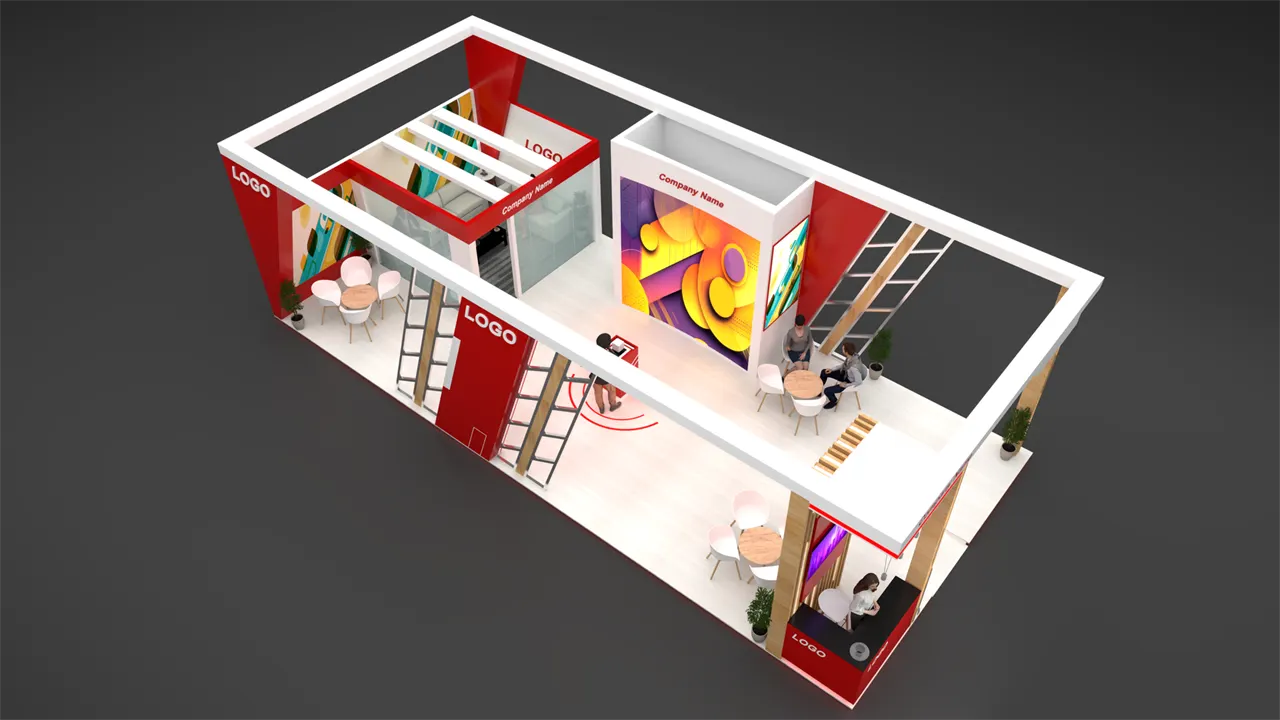 Two-storey red island exhibition stall 3D concept design