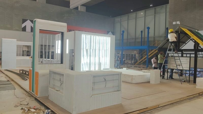 Kiosk and booth framework installation in progress