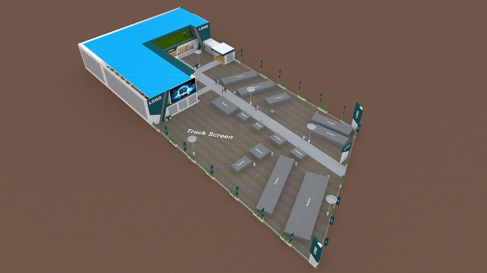 Two-storey mezzanine exhibition stall with outdoor product display track 3D concept design