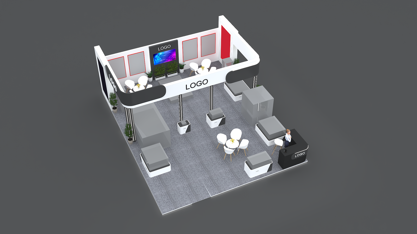Three-side open exhibition stall 3D concept design with reception counter and lounge seating