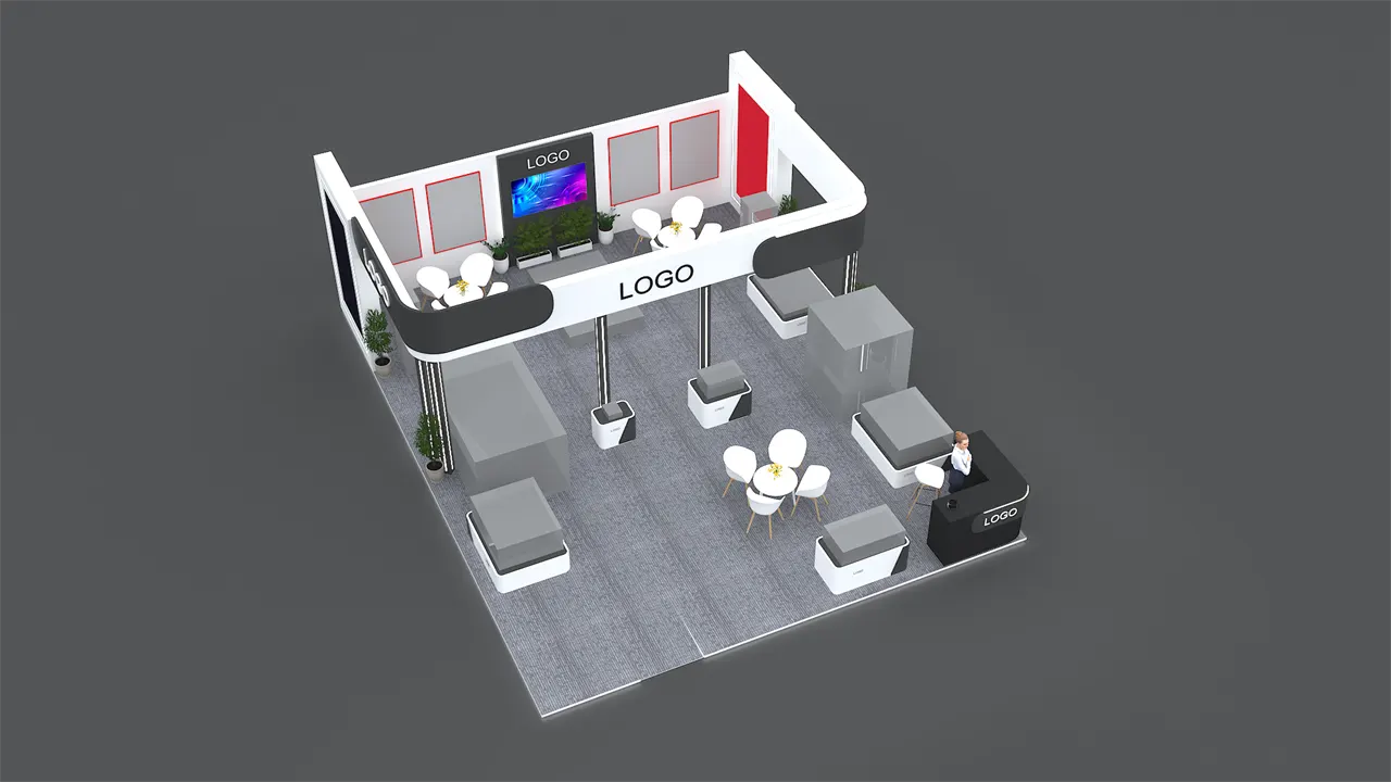 Three-side open exhibition stall 3D concept design with reception counter and lounge seating
