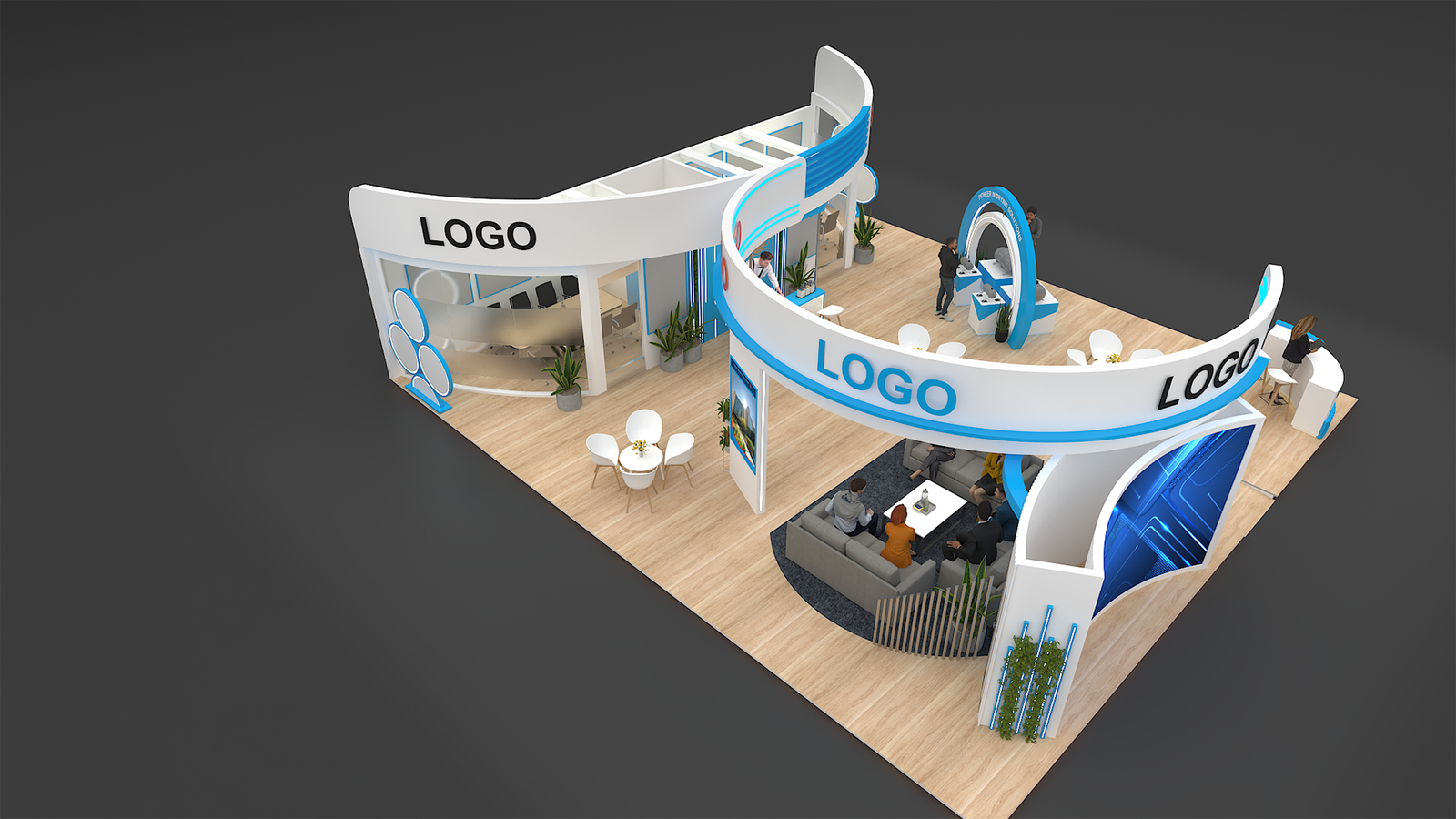 Three-side open exhibition stall 3D concept design with curved blue meeting room and lounge