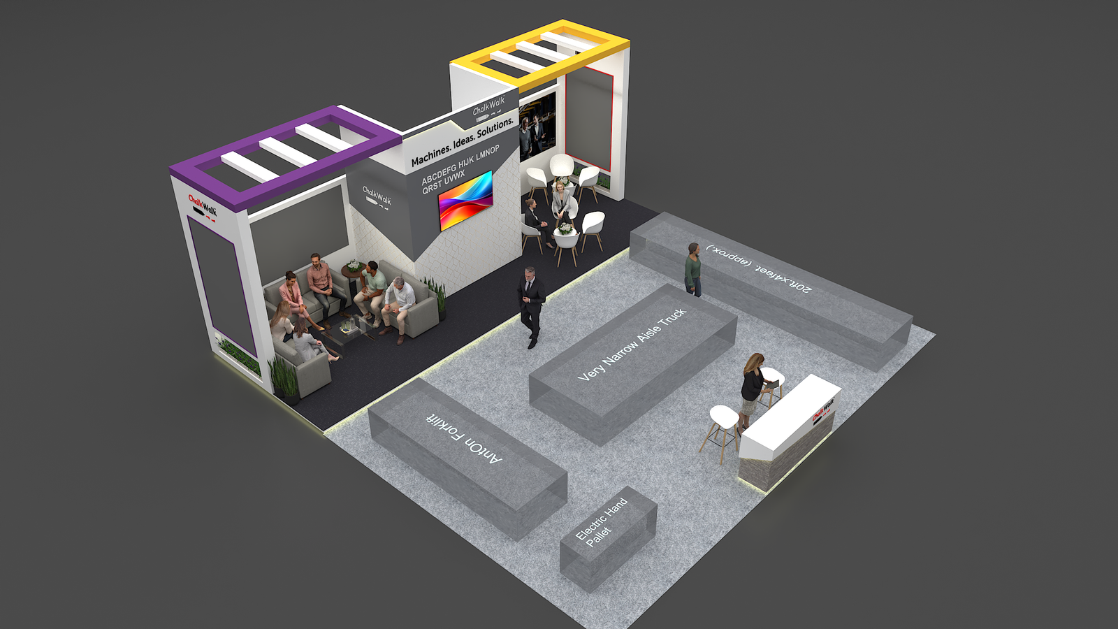 Three-side open exhibition stall 3D concept design with machinery display and lounge seating