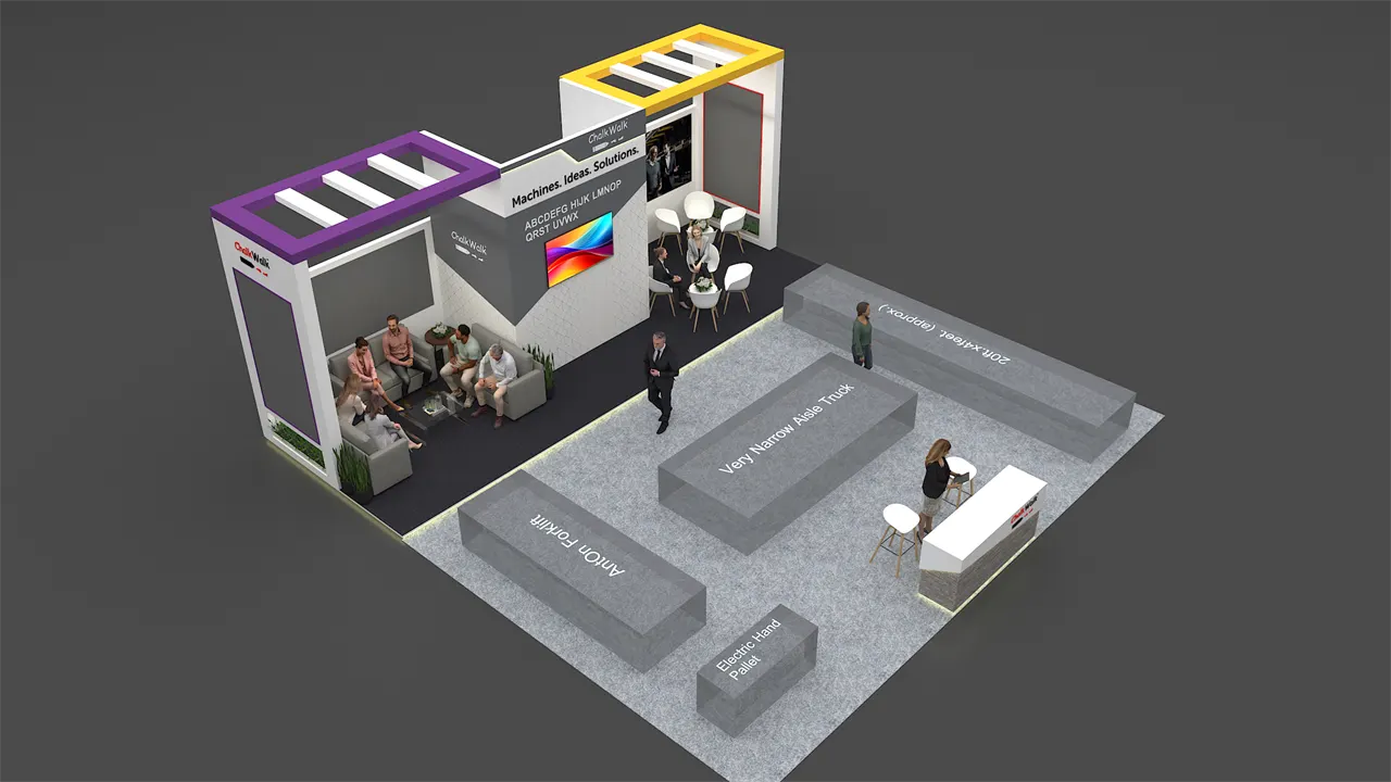 Three-side open exhibition stall 3D concept design with machinery display and lounge seating
