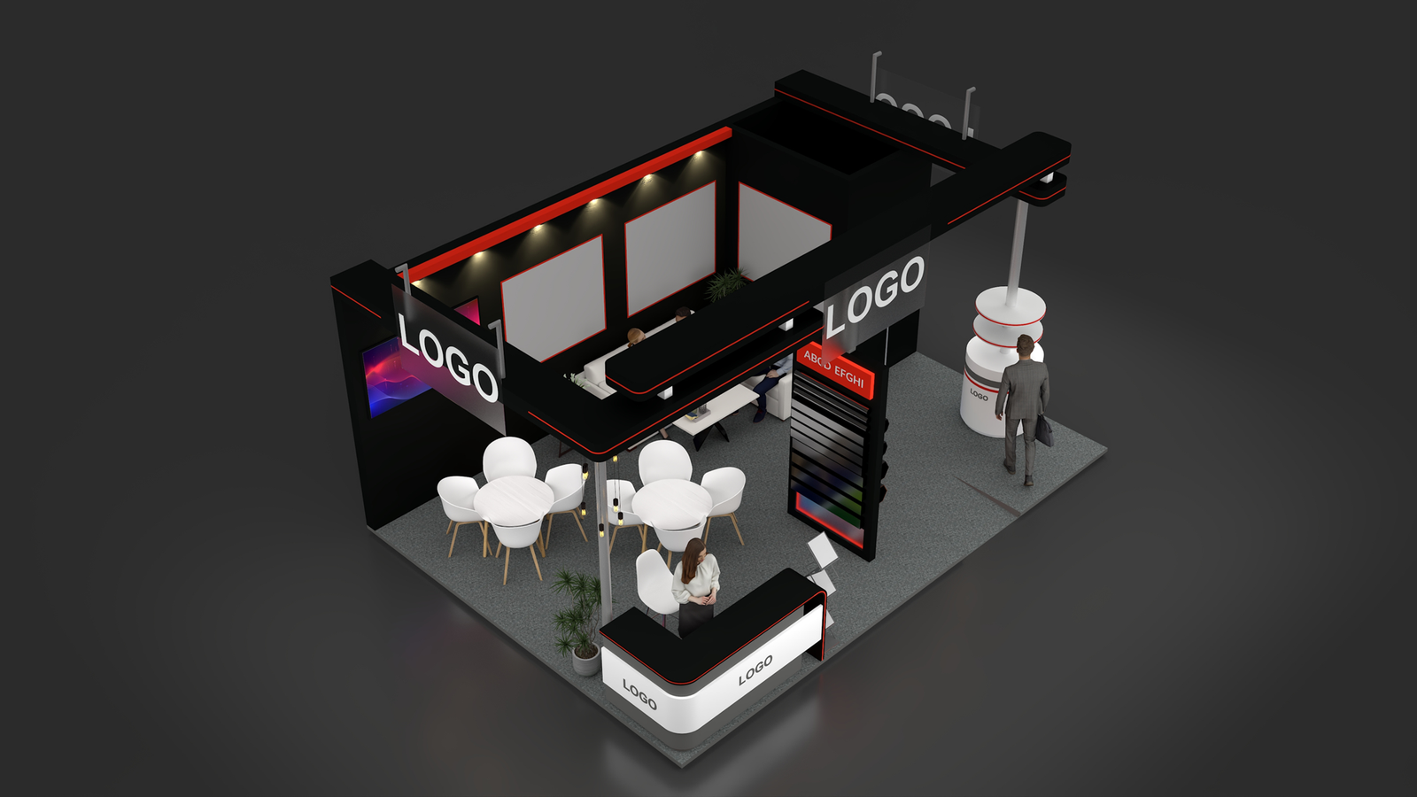 Three-side open exhibition stall 3D concept design with black and red overhead canopy