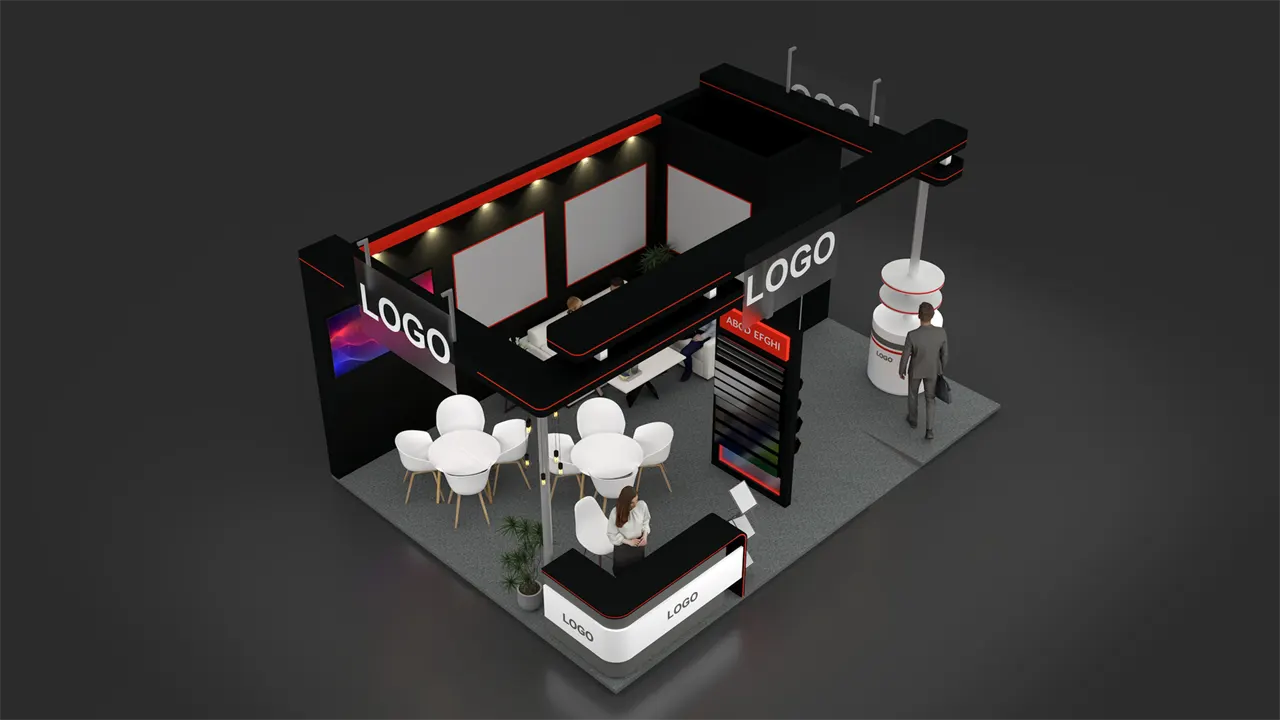 Three-side open exhibition stall 3D concept design with black and red overhead canopy