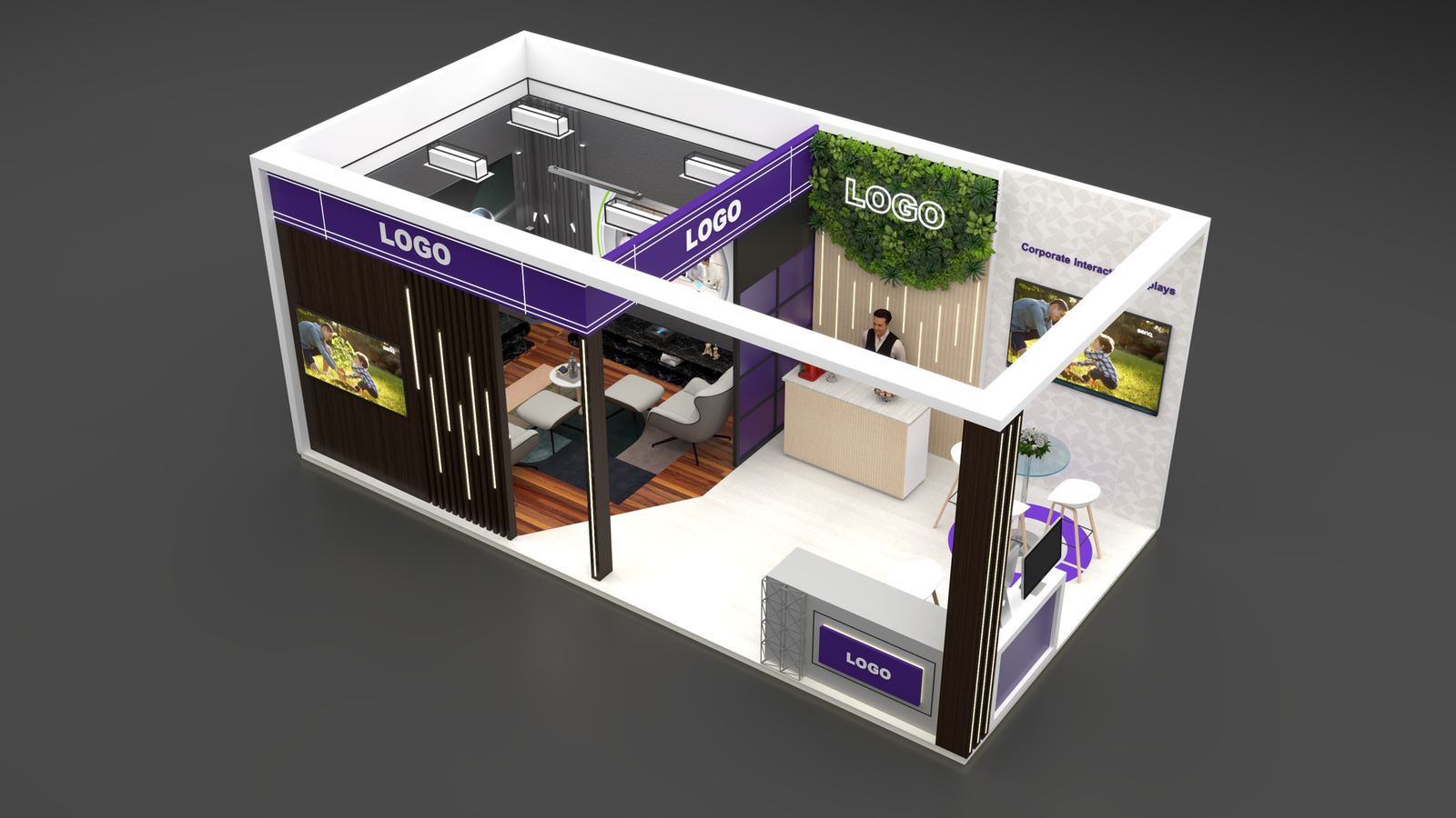 Two-side open exhibition stall 3D concept design with living green wall and reception counter
