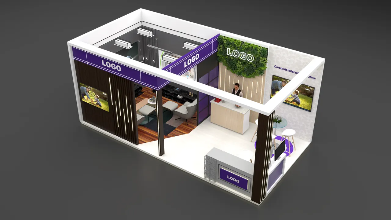 Two-side open exhibition stall 3D concept design with living green wall and reception counter