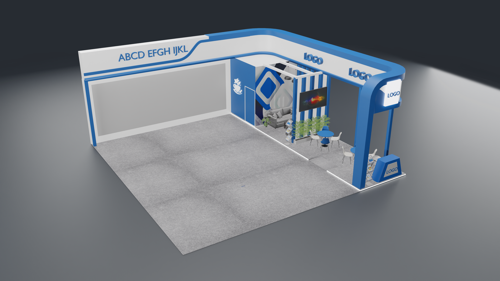 Two-side open exhibition stall 3D concept design with blue branding and lounge seating