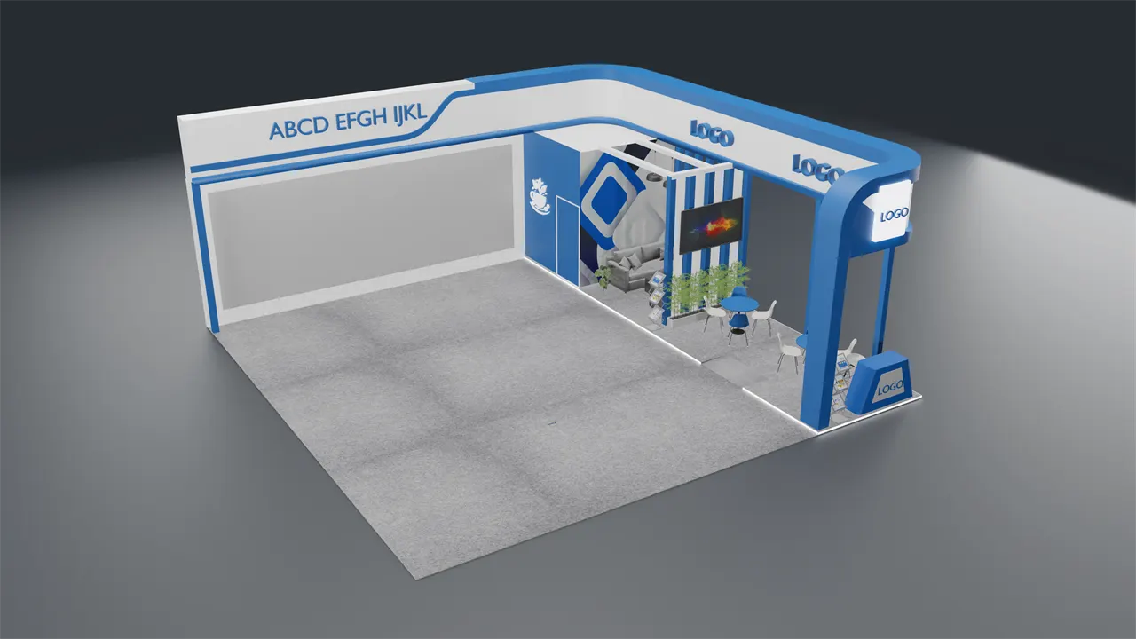 Two-side open exhibition stall 3D concept design with blue branding and lounge seating
