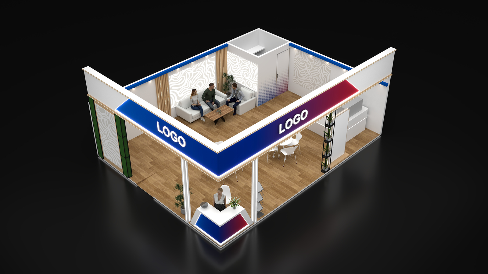 Two-side open exhibition stall 3D concept design with blue and maroon reception counter