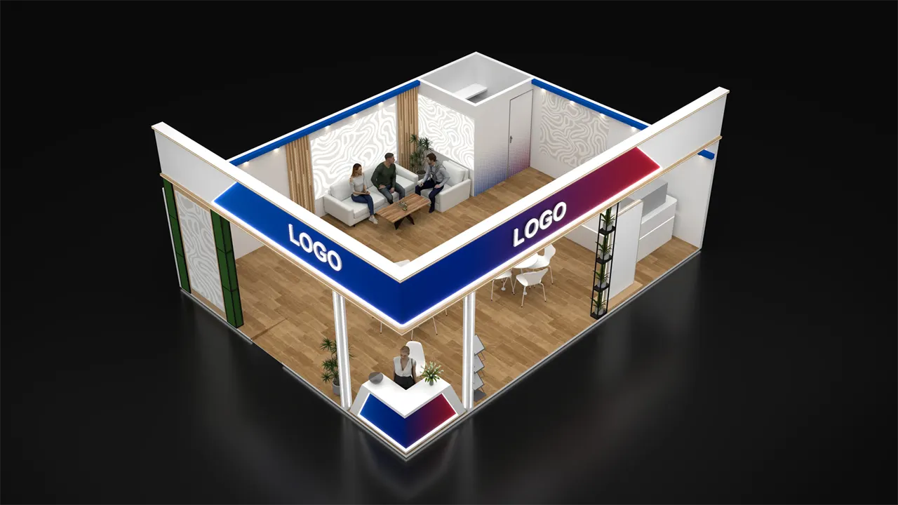 Two-side open exhibition stall 3D concept design with blue and maroon reception counter