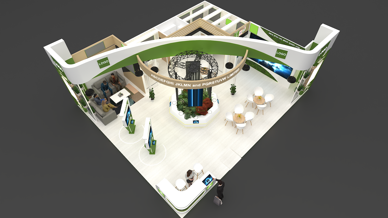 Two-side open exhibition stall 3D concept design with green branding and central sculpture