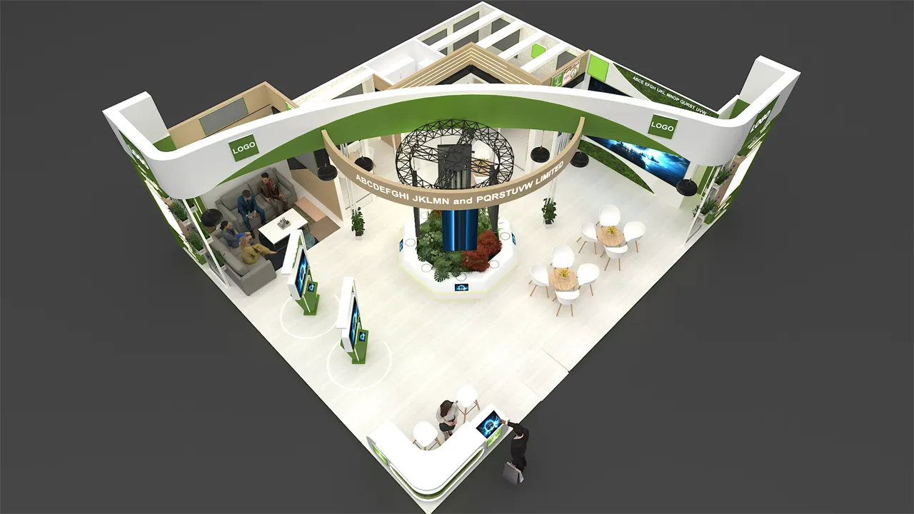 Two-side open exhibition stall 3D concept design with green branding and central sculpture