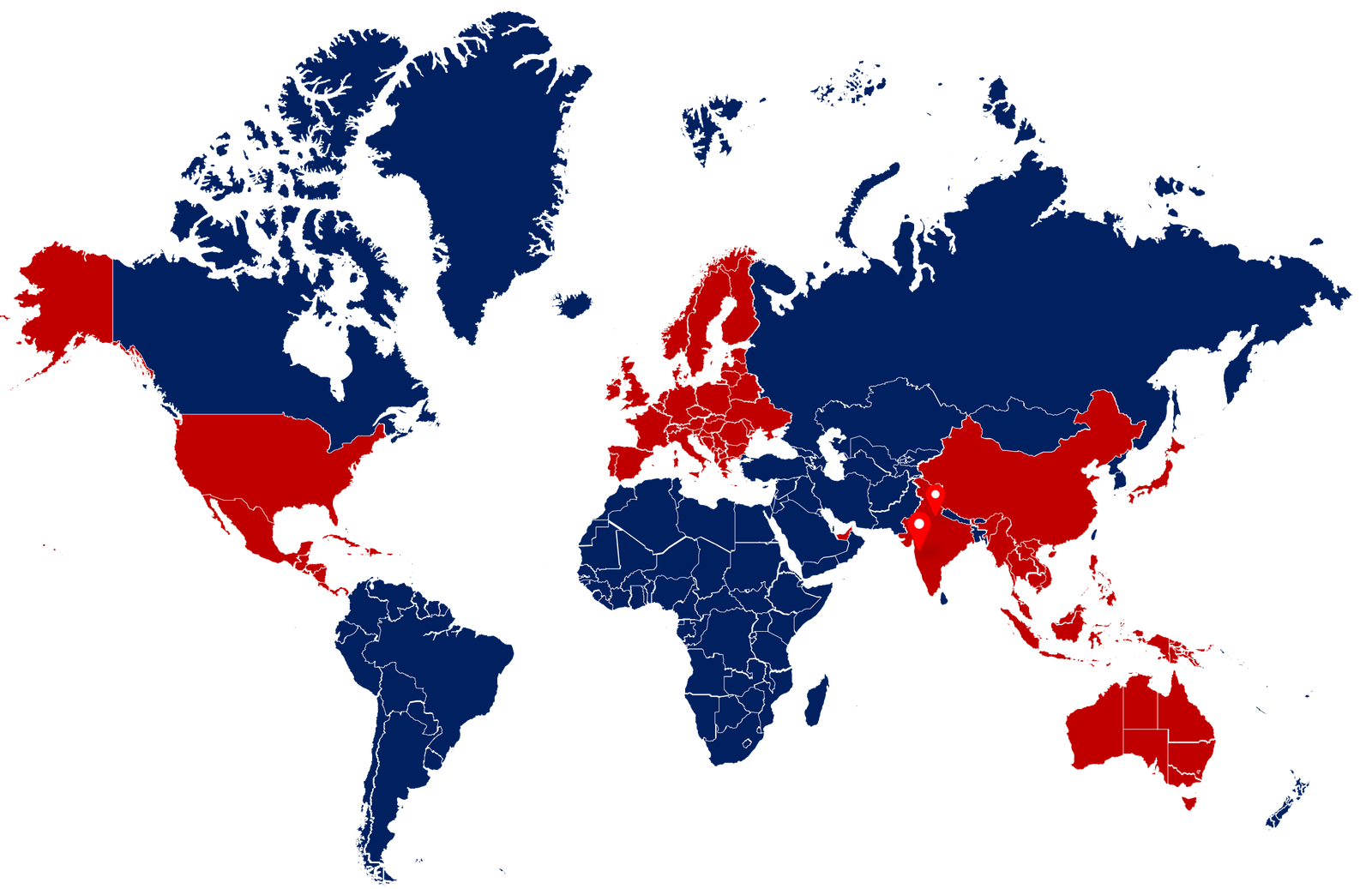 World map highlighting the countries where ChalkWalk has delivered exhibition and event projects, with pins marking the Pune and Noida offices