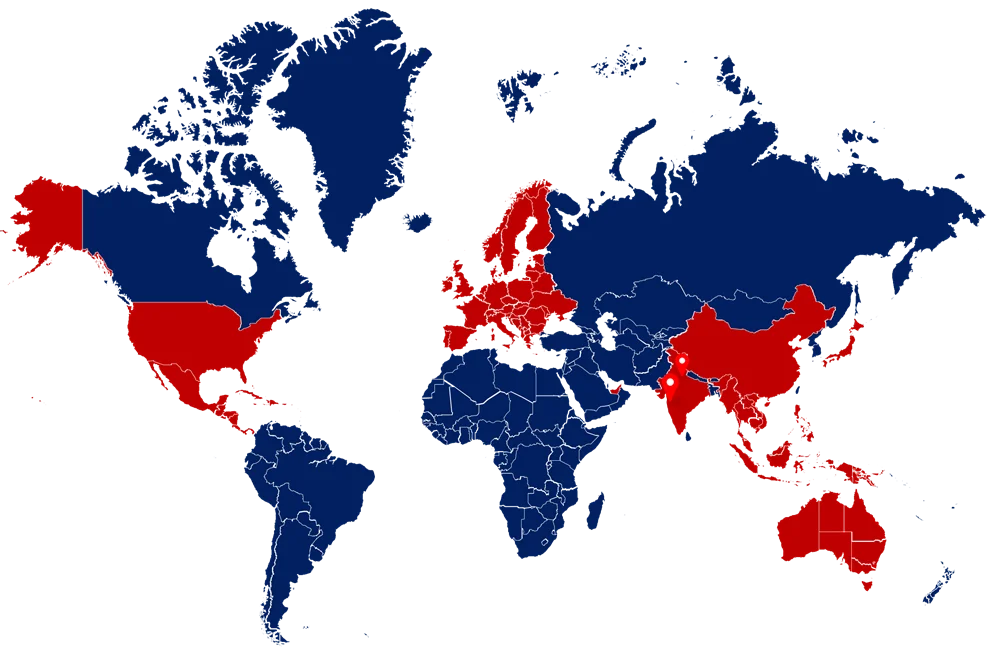 World map highlighting the countries where ChalkWalk has delivered exhibition and event projects, with pins marking the Pune and Noida offices