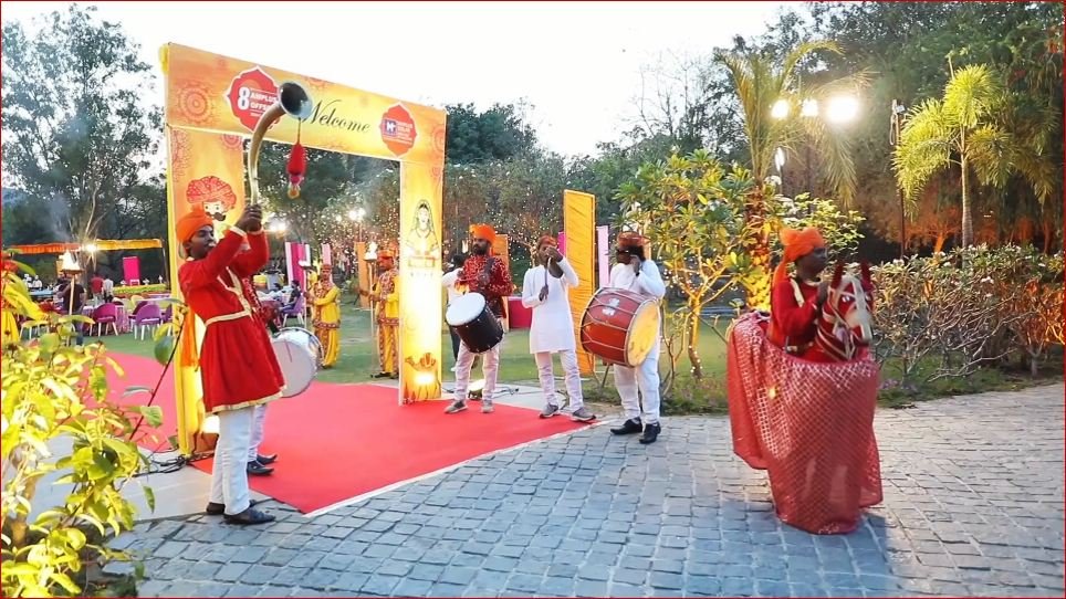 Traditional Rajasthani welcome troupe at a corporate family day entrance