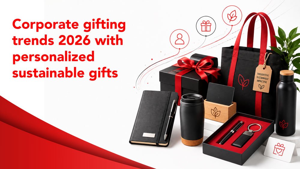 Corporate gifting trends 2026 with personalized, sustainable business gifts including drinkware, stationery and packaging
