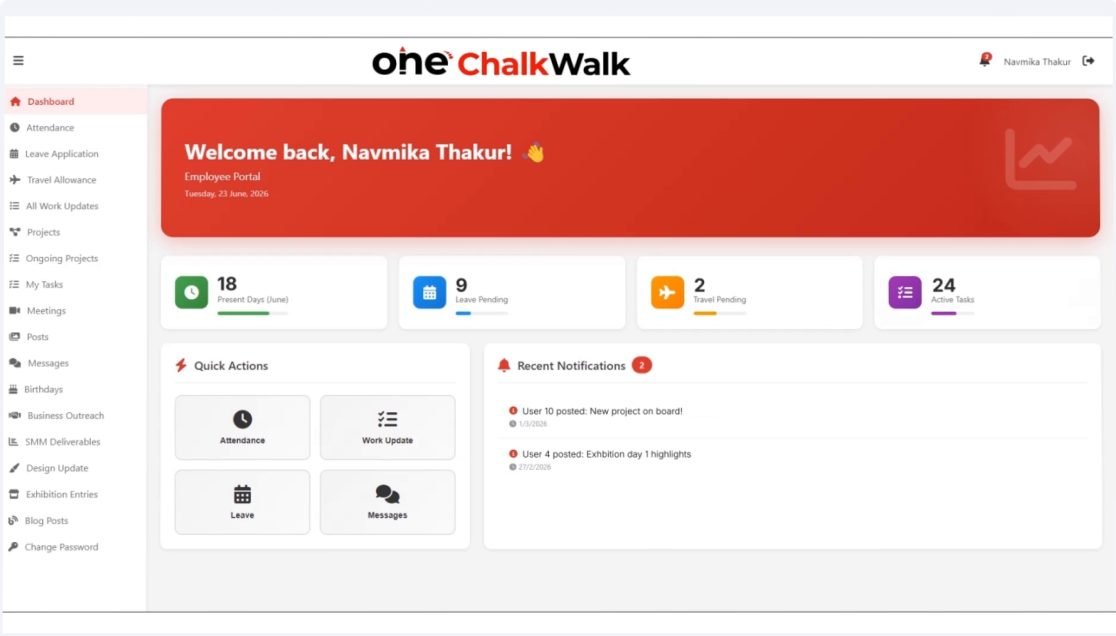 One ChalkWalk dashboard with attendance, leaves, travel and active tasks